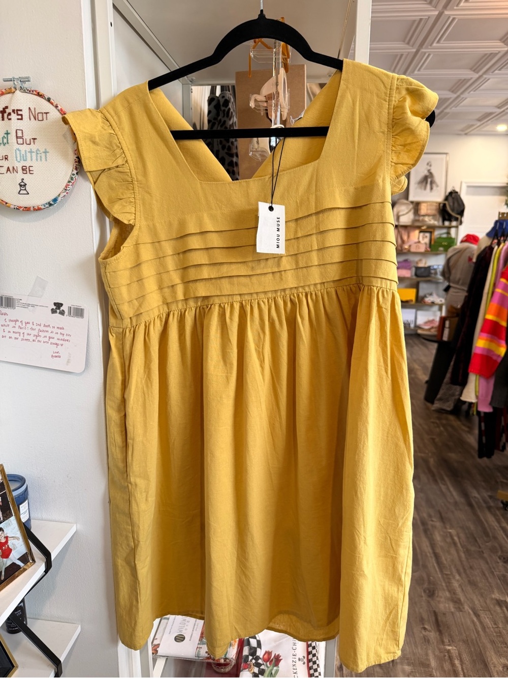 Miou Muse Women's Mustard Yellow Pintuck Ruffle Sleeve Cotton Dress NWT
